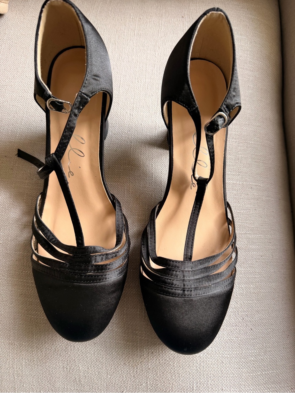 Ellie Black Satin T-Strap Heels